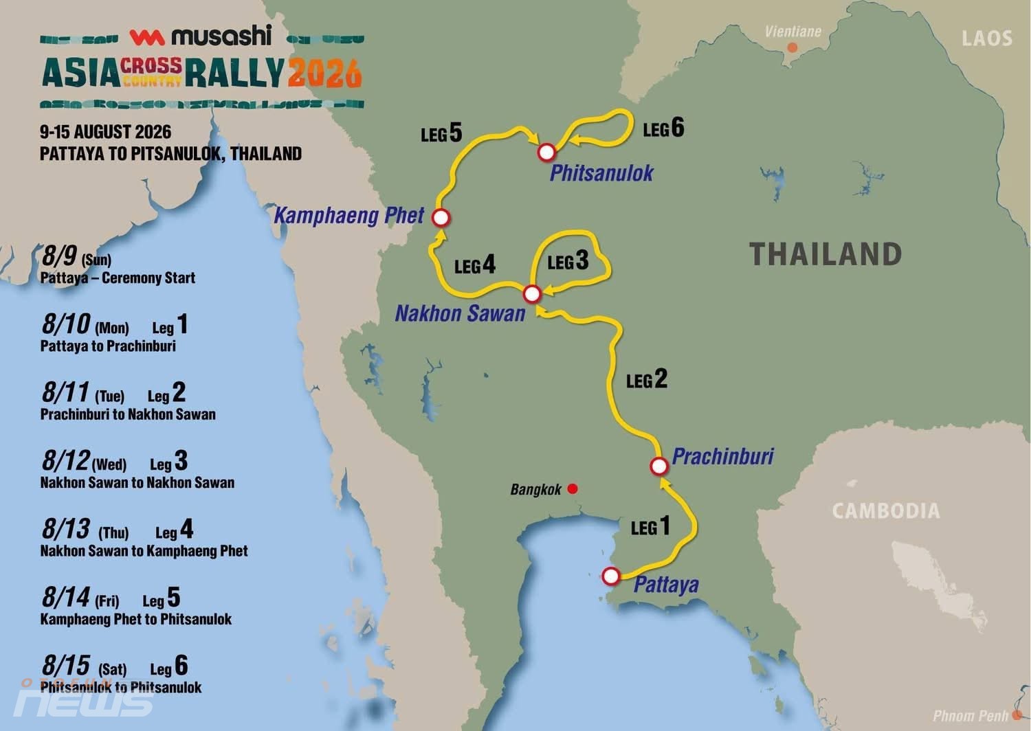 AXCR 2026 có tổng hành trình khoảng 2.000km, xuất phát tại Pattaya và kết thúc ở Phitsanulok.