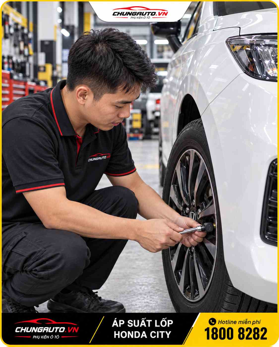 Kỹ thuật viên ChungAuto lắp áp suất lốp Honda City