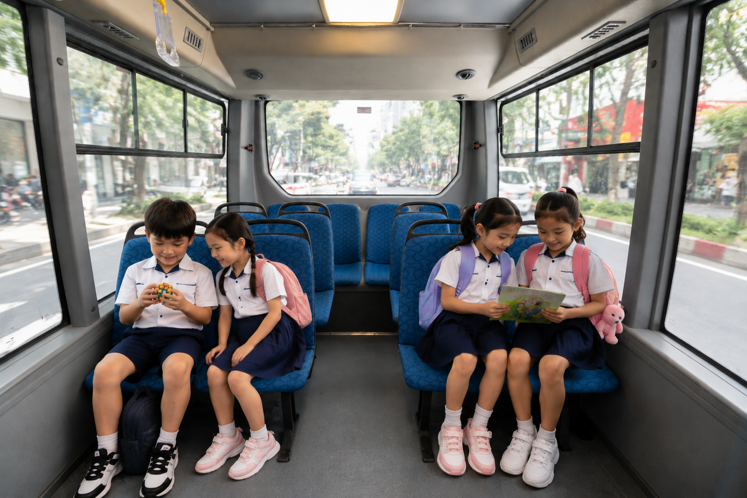 Dòng bus với khoang hành khách sáng thoáng, ghế ngồi êm ái mang đến trải nghiệm di chuyển dễ chịu cho học sinh.