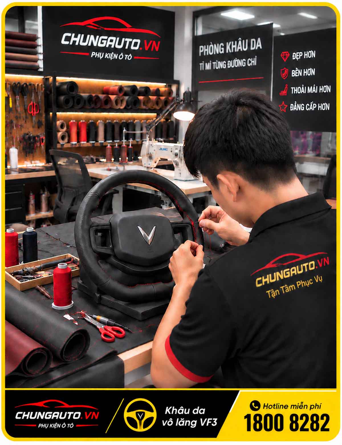 Khâu da vô lăng VF3 thủ công