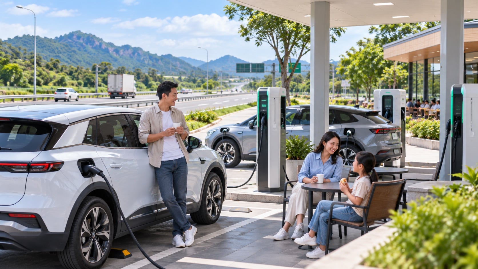 Mạng lưới sạc thuận tiện sẽ giúp xe điện tự tin đi xa hơn ngoài phạm vi đô thị (Ảnh minh họa: ChatGPT)