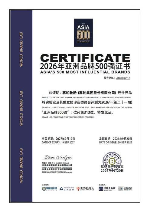 Chứng nhận do World Brand Lab cấp ngày 20/9/2026, ghi nhận Sailun ở vị trí 313 và năm thứ tám liên tiếp góp mặt trong bảng xếp hạng.