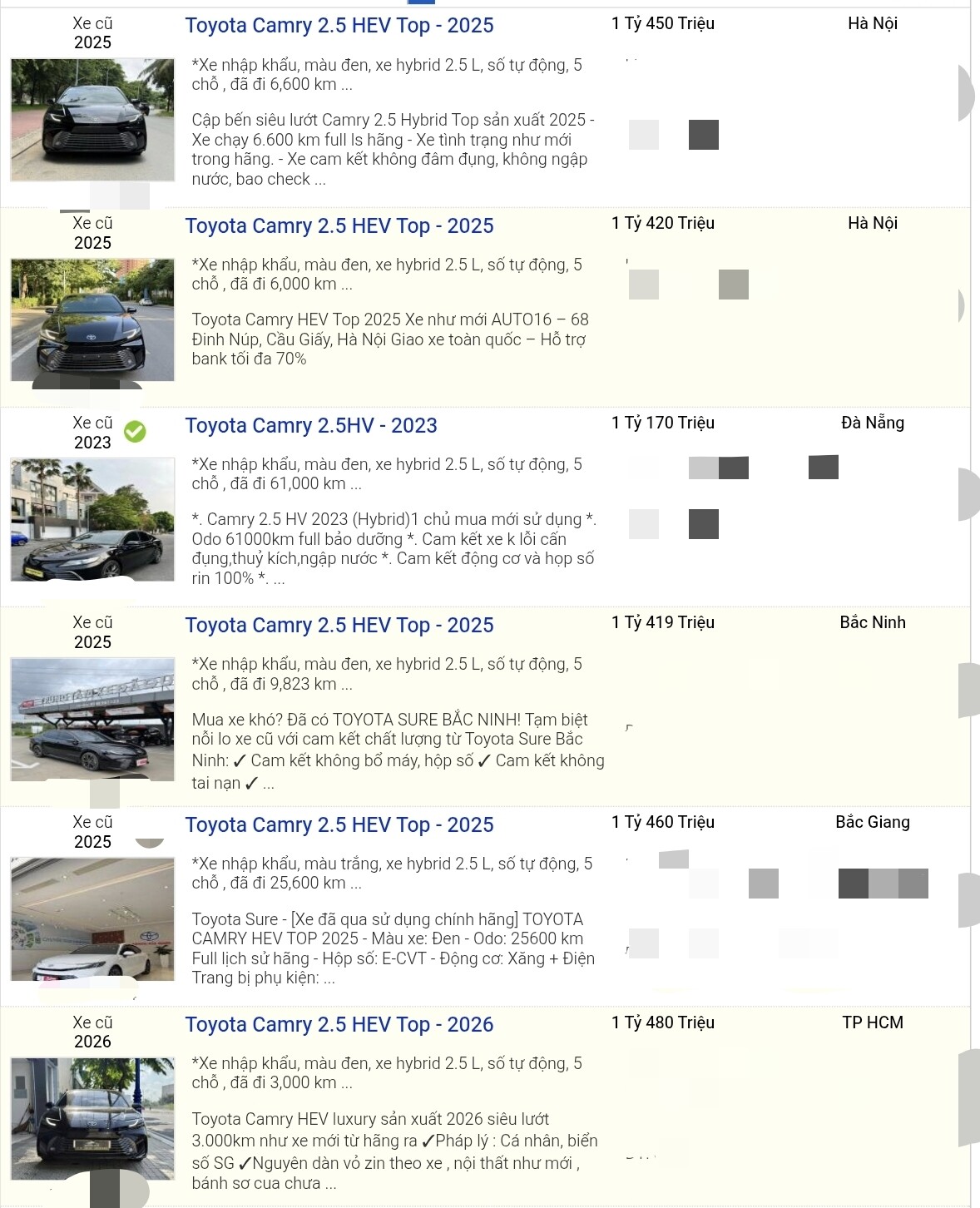 Một số tin rao bán Toyota Camry Hybrid cũ.