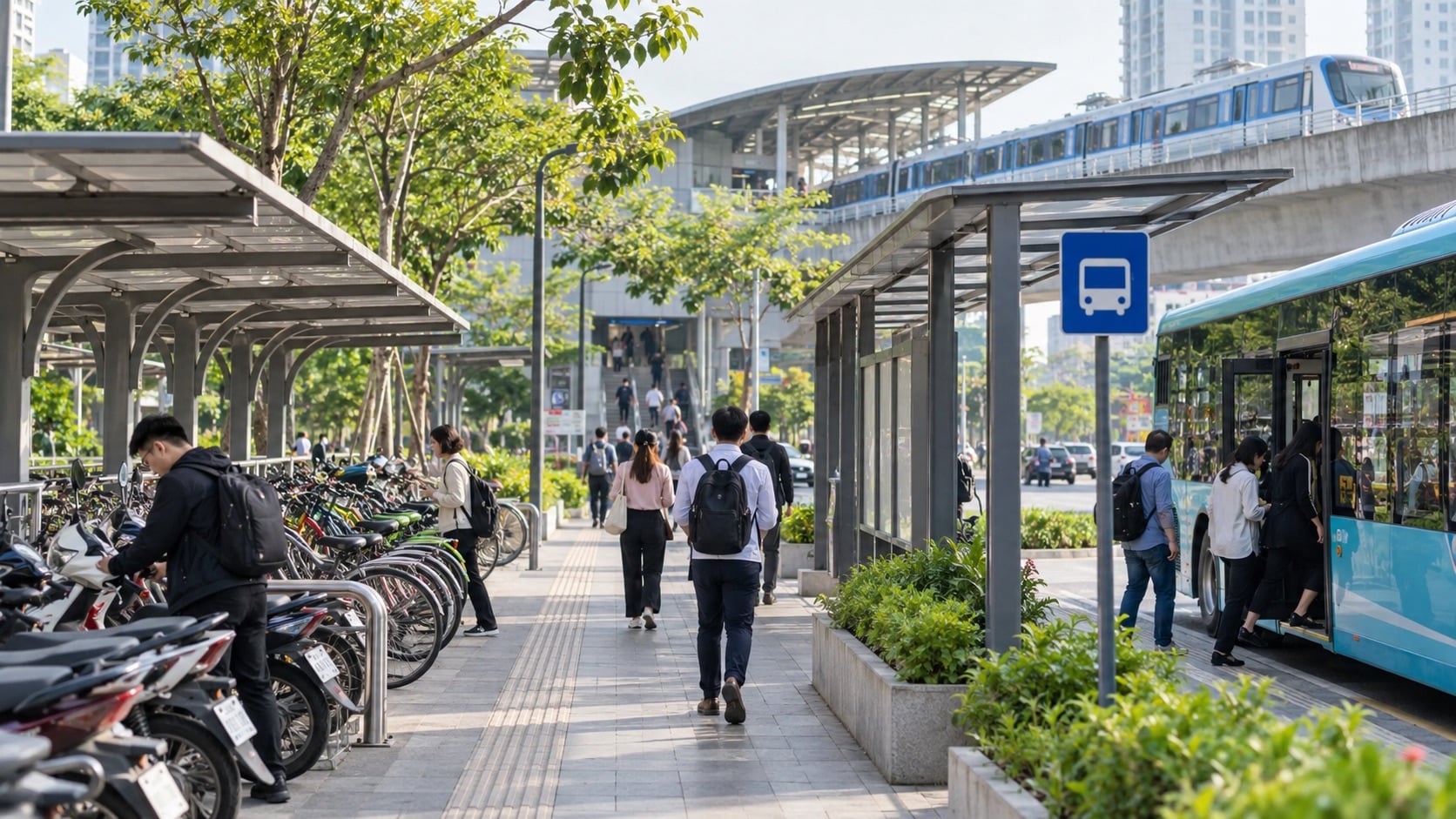 Các điểm trung chuyển, bãi gửi xe và giao thông công cộng được kết nối hợp lý sẽ giúp người dân giảm phụ thuộc vào phương tiện cá nhân. (Ảnh minh họa: ChatGPT)