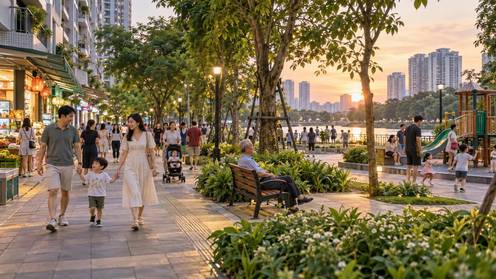 Không gian đi bộ an toàn, nhiều cây xanh giúp hình thành thói quen sống xanh. (Ảnh minh họa: ChatGPT)