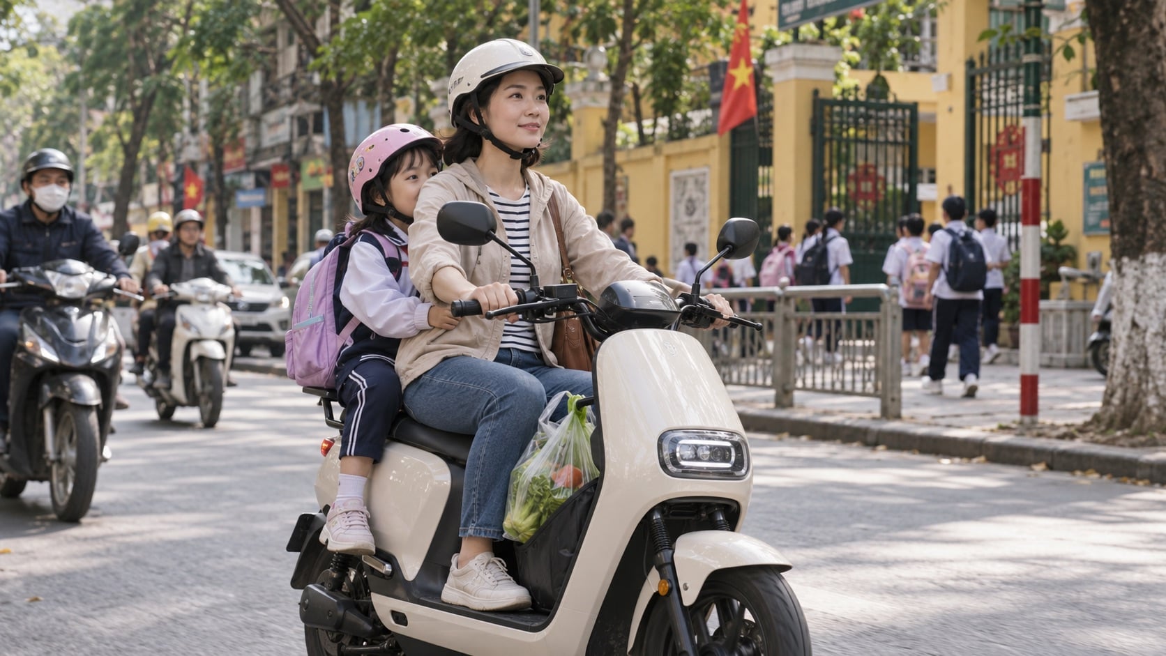 Xe máy điện ngày càng trở thành lựa chọn phù hợp cho nhu cầu đi làm, đưa đón con và di chuyển trong đô thị. (Ảnh minh họa: ChatGPT)