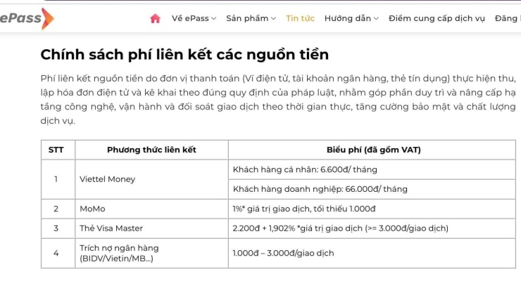 Các nguồn tiền liên kết tài khoản ePass. Ảnh: Chụp màn hình
