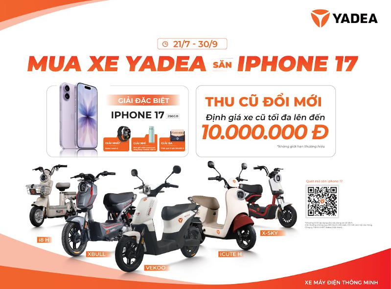 “Mua xe YADEA – Săn iPhone 17” dự kiến sẽ bao gồm 20.000 giải thưởng