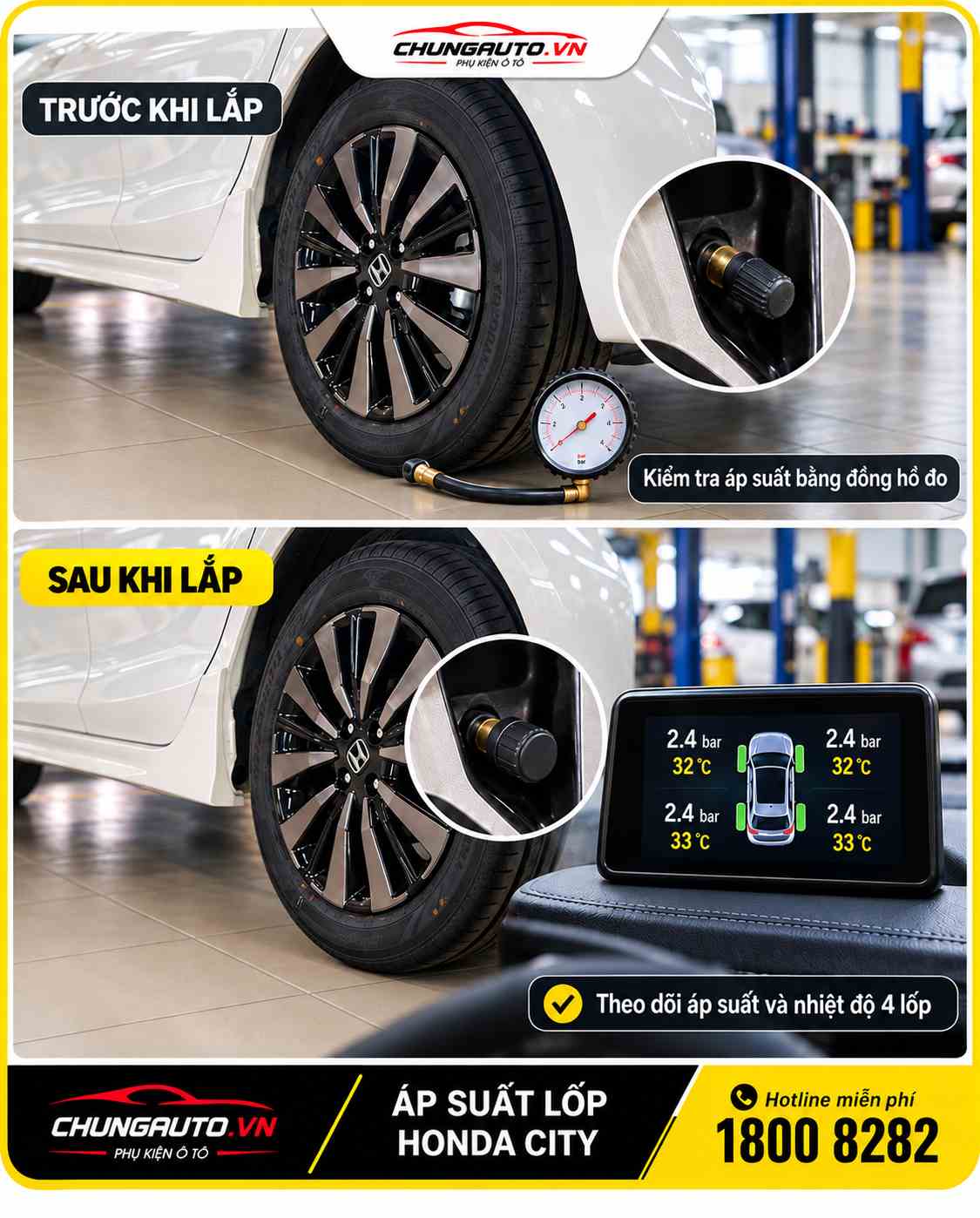 Trước và sau khi lắp áp suất lốp Honda City