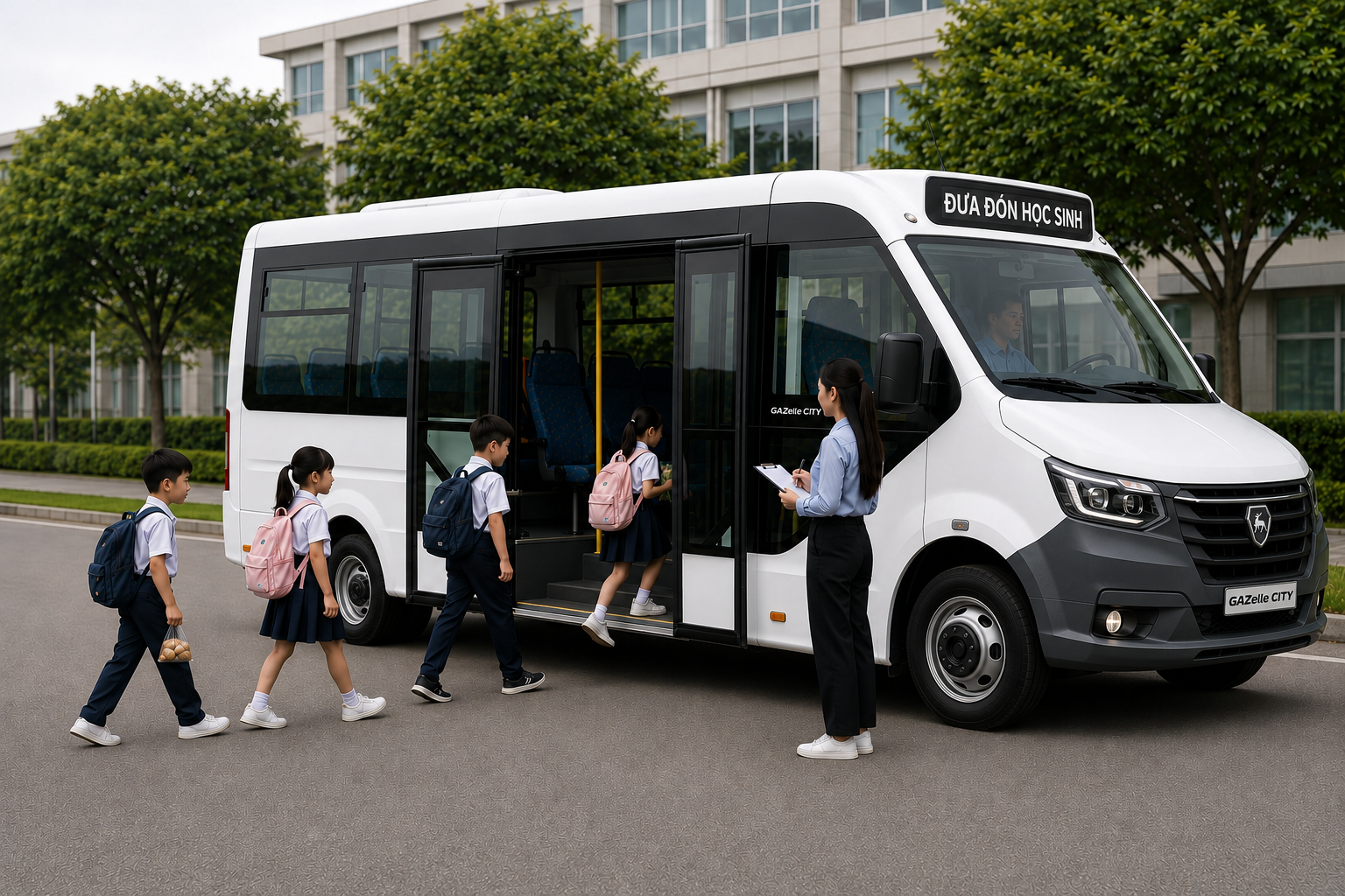 Cửa lên xuống rộng, không gian thuận tiện giúp học sinh lên xuống xe nhanh chóng và an toàn dưới sự giám sát của giáo viên.