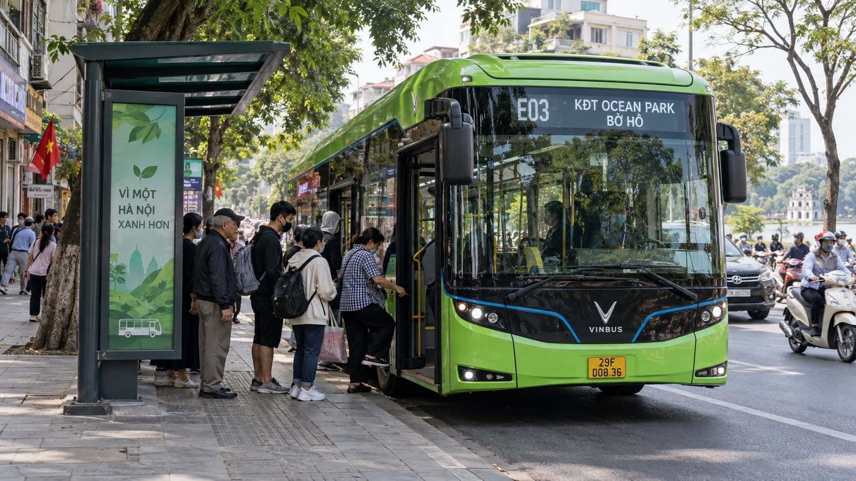 Xe buýt điện ngày càng hiện diện nhiều hơn trên các tuyến phố Hà Nội, góp phần mở rộng lựa chọn giao thông xanh. (Ảnh minh họa: AI)