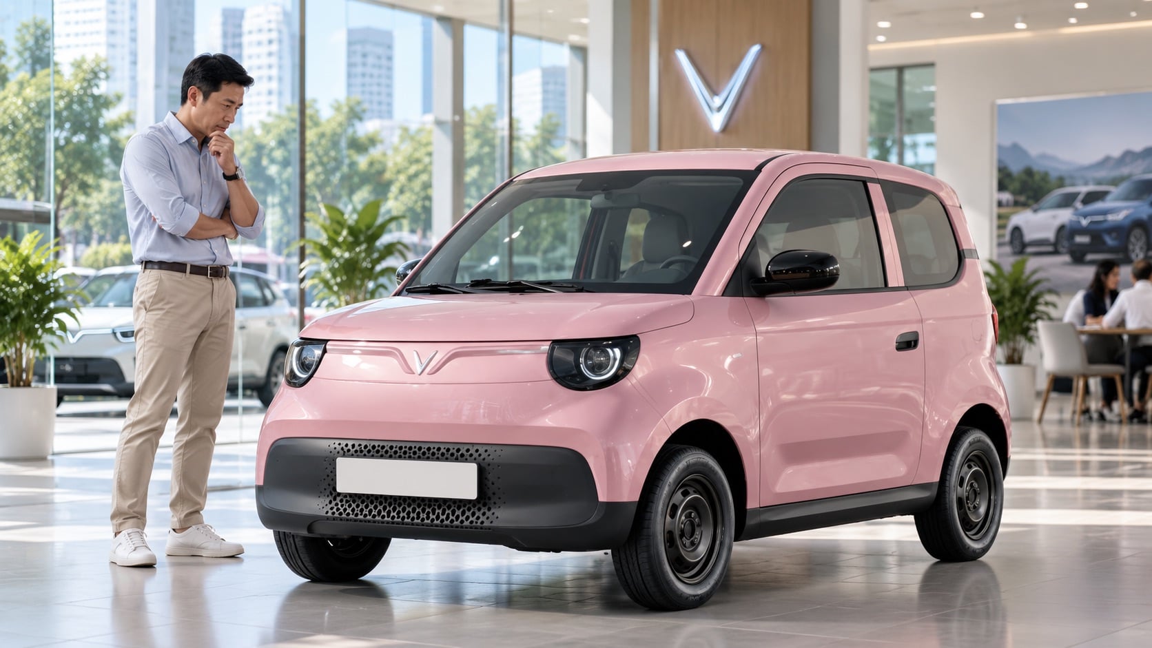 Khách hàng tìm hiểu VinFast VF 2 tại showroom, hướng tới một mẫu xe điện nhỏ gọn cho nhu cầu di chuyển trong đô thị. (Ảnh minh họa: AI)