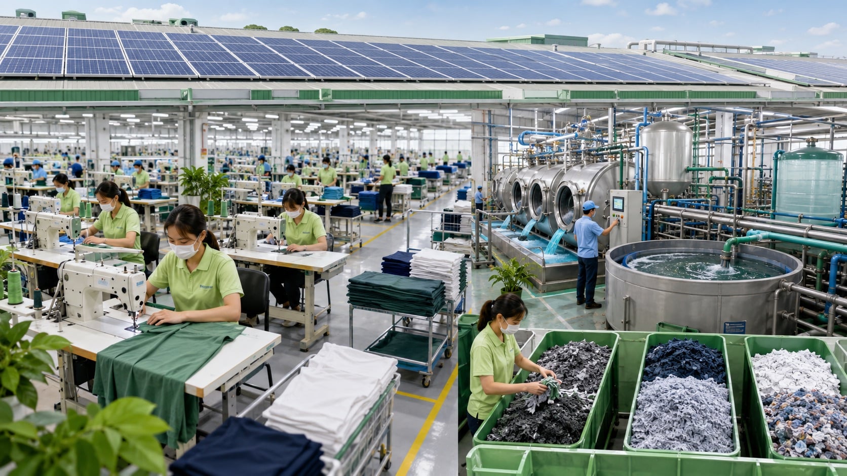 Dệt may xanh từ năng lượng tái tạo, tiết kiệm nước đến tái sử dụng nguyên liệu - Ảnh minh họa: ChatGPT