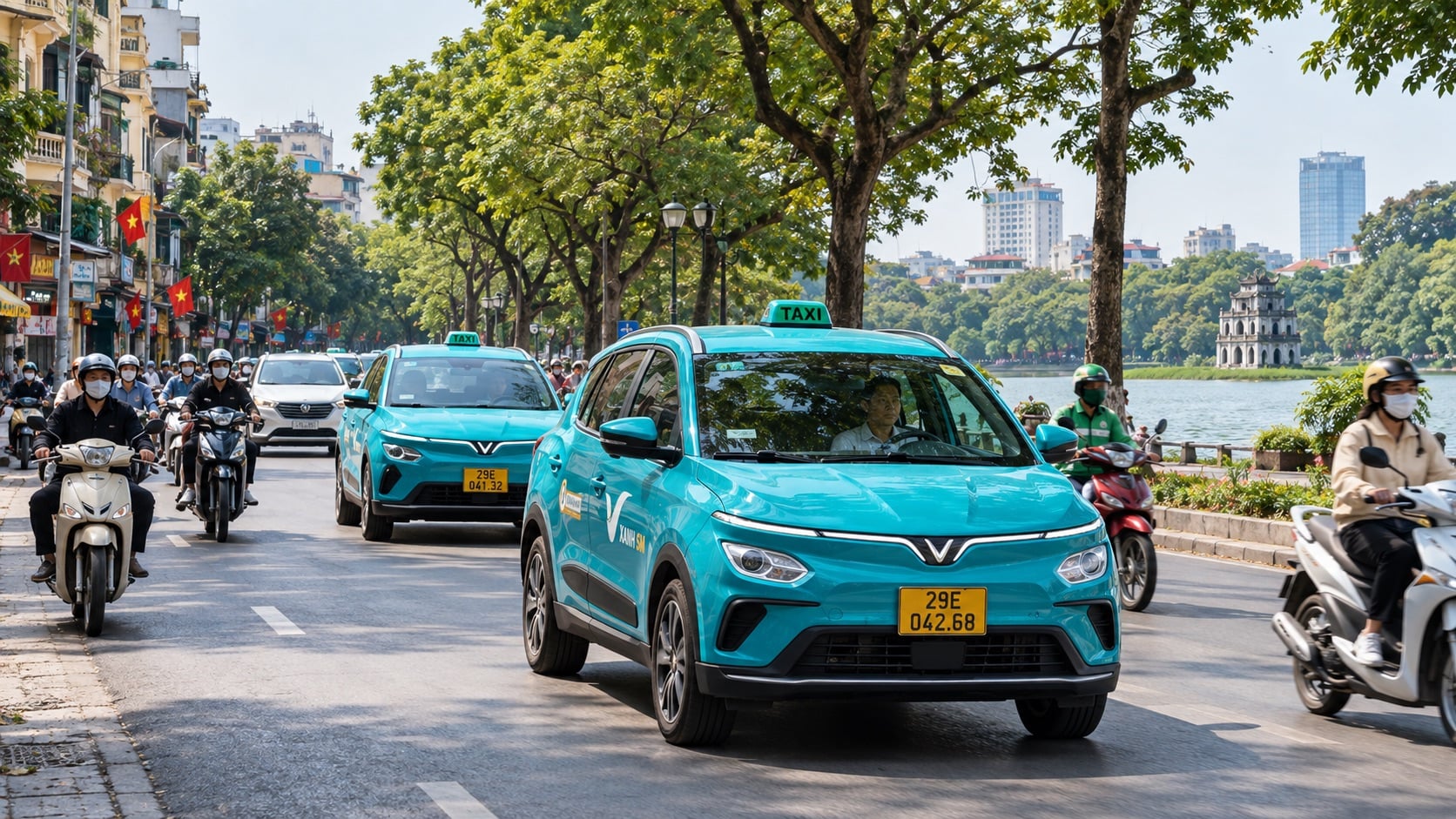 Taxi điện trở thành hình ảnh quen thuộc trong dòng phương tiện đô thị, phản ánh xu hướng điện hóa vận tải hành khách. (Ảnh minh họa: AI)
