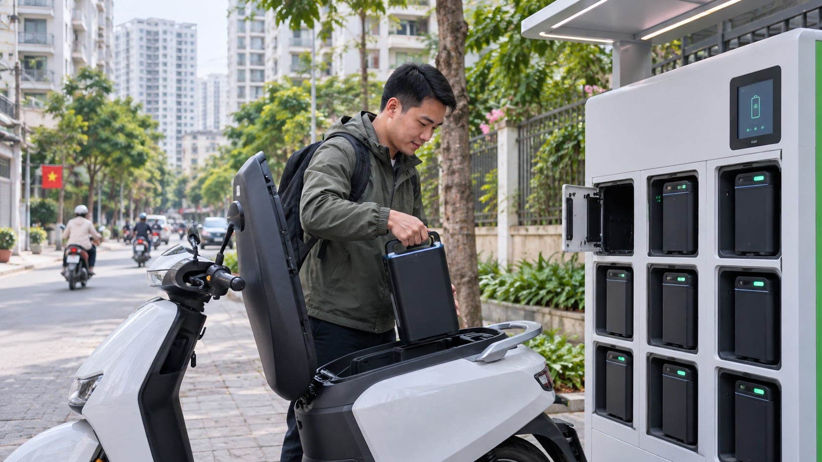 Hệ thống trạm sạc, đổi pin ngày càng được mở rộng, giúp người sử dụng xe máy điện thuận tiện hơn trong quá trình di chuyển hằng ngày (Ảnh minh họa: ChatGPT)