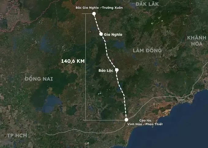 Mô phỏng hướng tuyến cao tốc từ Gia Nghĩa tới Phan Thiết. Đồ họa:Hoàng Thanh