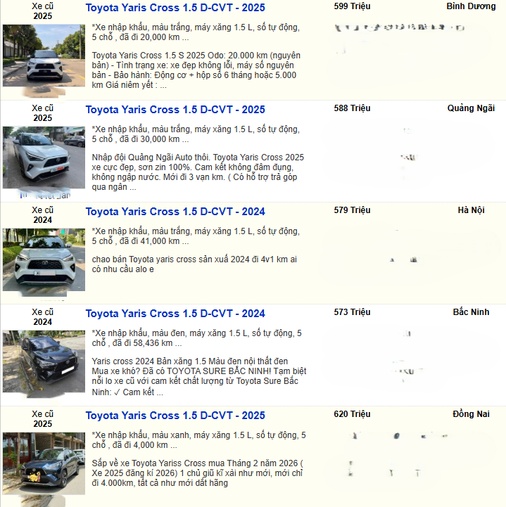 Một số tin rao bán Toyota Yaris Cross cũ.