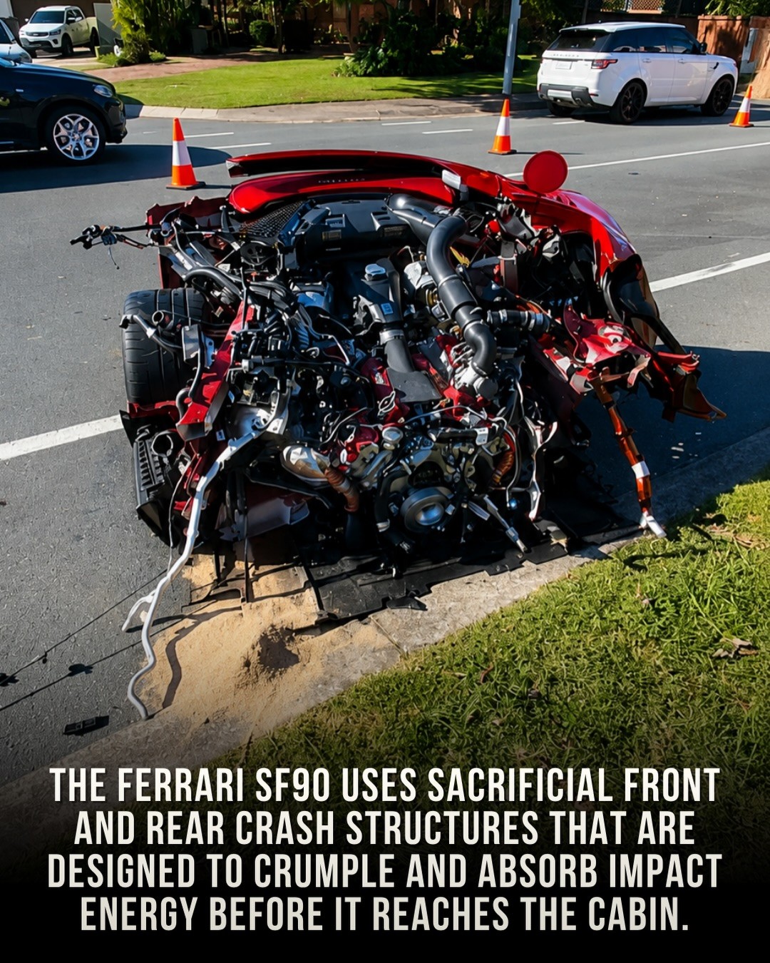 Siêu xe Ferrari SF90 sử dụng kết cấu trước và sau đặc thù để hấp thụ năng lượng va chạm nên phần phía sau có thể tách rời trong tình huống nghiêm trọng