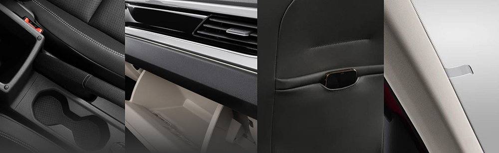 Các tính năng “Simply Clever” trên Skoda Slavia (từ trái qua phải: giá đỡ chai SmartGrip, hộc để đồ có tính năng làm mát, ngăn đựng điện thoại thông minh, giá kẹp vé SmartClip).