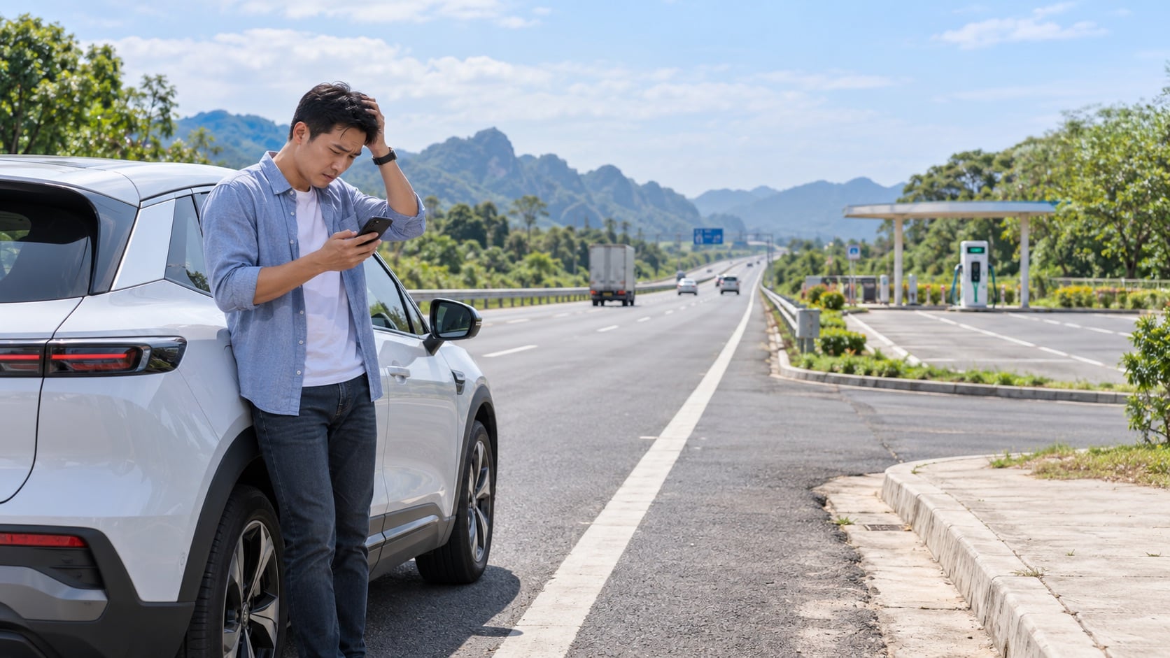 Nỗi lo “hết pin giữa đường” vẫn là rào cản với nhiều tài xế xe điện trên hành trình dài (Ảnh minh họa: ChatGPT)