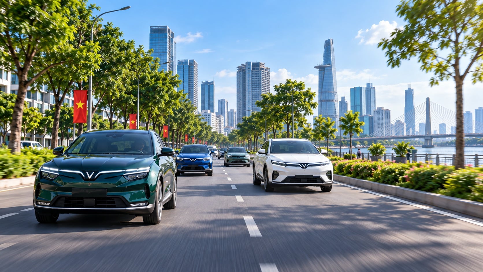 Sự hiện diện ngày càng nhiều của ô tô điện trên đường phố cho thấy xu hướng giao thông xanh đang dần định hình rõ nét tại Việt Nam (Ảnh minh họa: ChatGPT)
