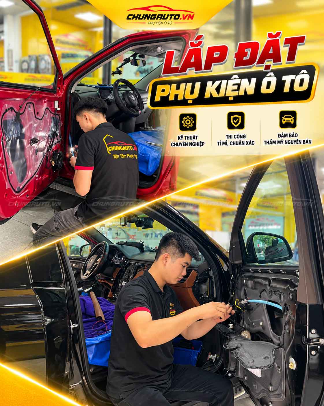 Các kĩ thuật viên lắp đặt phụ kiện ô tô tại ChungAuto Thái Nguyên