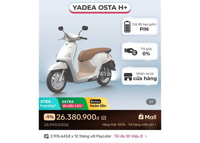 Mức giá ưu đãi của xe máy điện Yadea Osta
