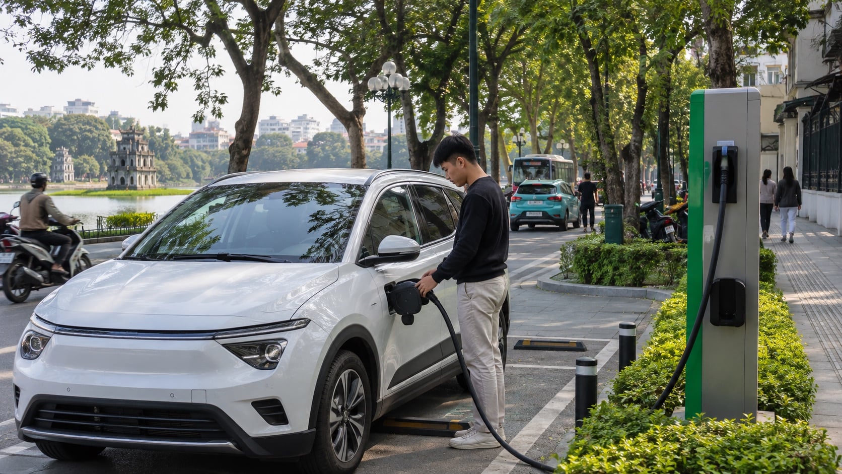 Xe điện cùng hạ tầng sạc ngày càng thuận tiện hơn, góp phần mở rộng lựa chọn di chuyển xanh trong đô thị. (Ảnh minh họa: ChatGPT)