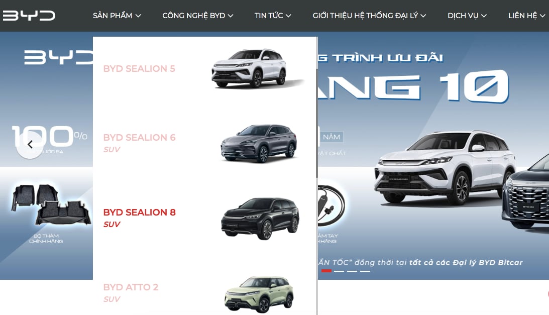 Các dải sản phẩm của BYD tại Việt Nam.