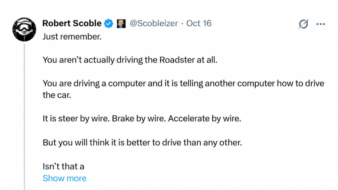 Bài đăng của tài khoản Robert Scoble về cách vận hành của Tesla Roadster trên mạng xã hội X. Ảnh: X.
