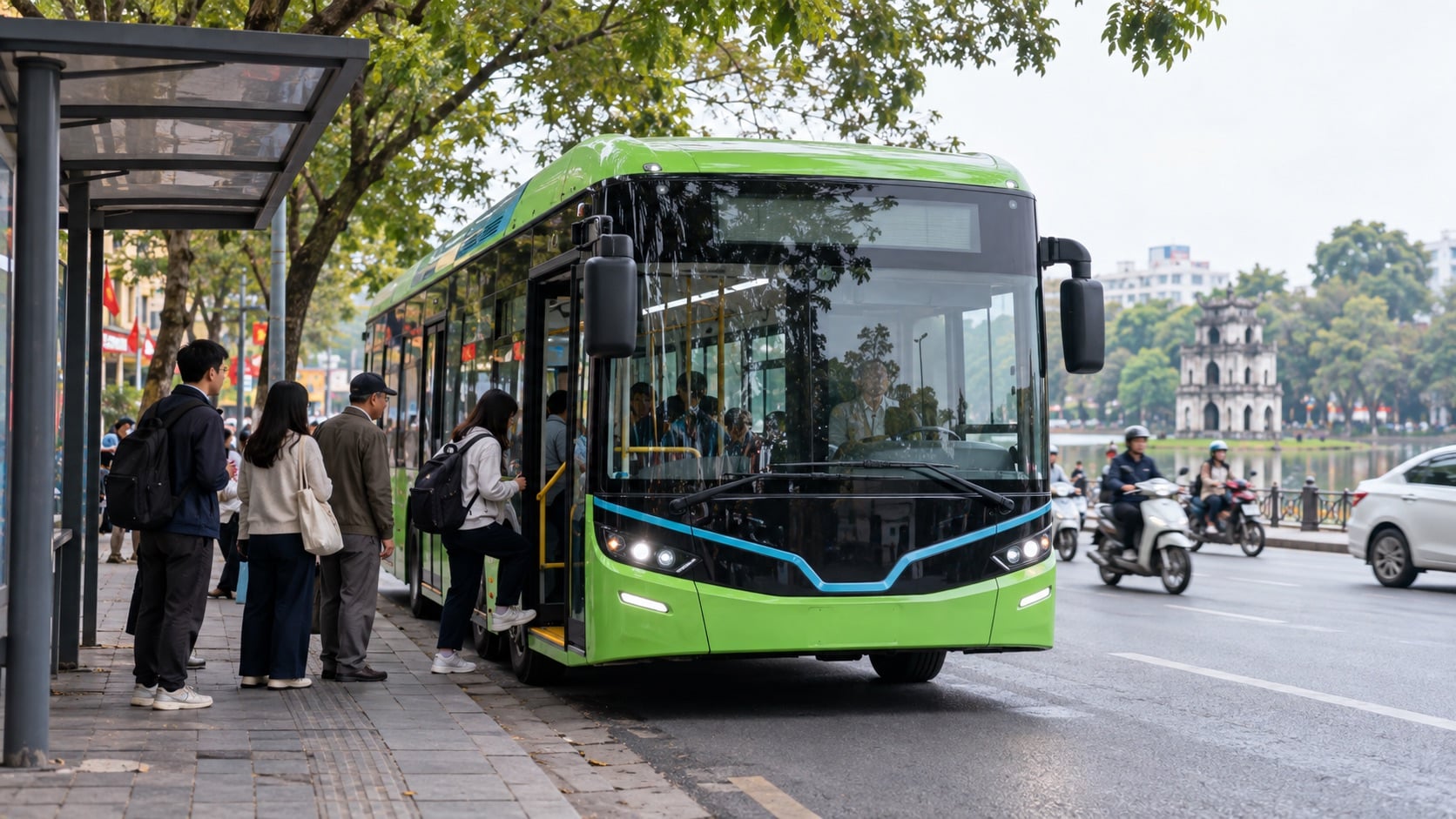 Xe buýt điện đang dần trở thành một phần quen thuộc của mạng lưới vận tải hành khách công cộng tại Hà Nội. (Ảnh minh họa: ChatGPT)