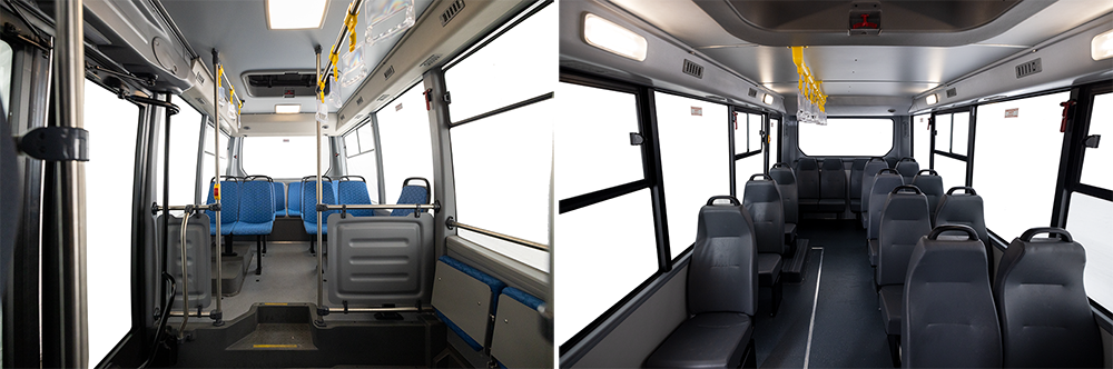 Sơ đồ bố trí chỗ ngồi rộng thoáng trên xe Gazelle CITY BUS 26 hành khách và Gazelle CITILINE 24 hành khách.